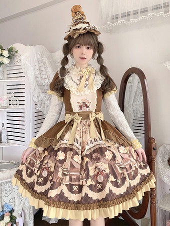 Brun Robe Lolita douce en polyester à manches longues Robe Lolita douce de conte de fées