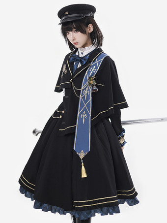 ネクタイとケープ付きのミリタリーロリータドレスユニフォーム。ロールプレイングに最適なスタイリッシュな陸軍乙女コスプレコスチューム。