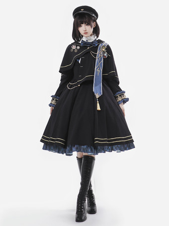 ネクタイとケープ付きのミリタリーロリータドレスユニフォーム。ロールプレイングに最適なスタイリッシュな陸軍乙女コスプレコスチューム。
