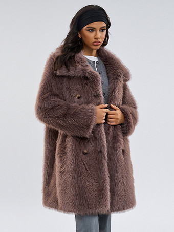 フェイクファーコート 長袖 シックなフェイクファーコート ターンダウンカラー コーヒーブラウン 冬用コート