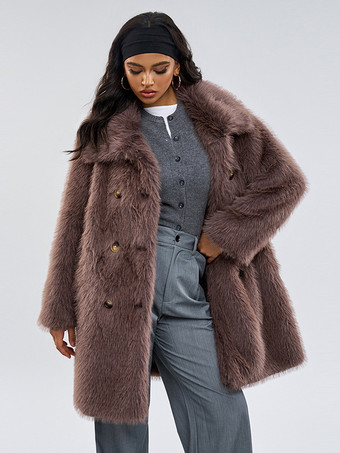 フェイクファーコート 長袖 シックなフェイクファーコート ターンダウンカラー コーヒーブラウン 冬用コート