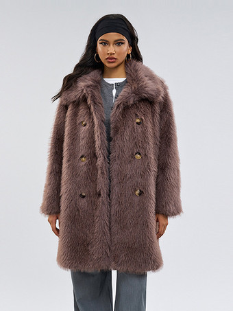 フェイクファーコート 長袖 シックなフェイクファーコート ターンダウンカラー コーヒーブラウン 冬用コート