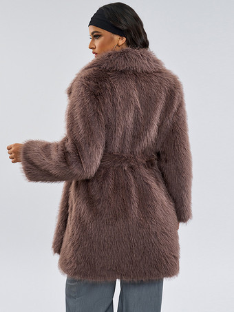 フェイクファーコート 長袖 シックなフェイクファーコート ターンダウンカラー コーヒーブラウン 冬用コート