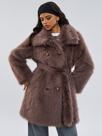 ブラウン フェイクファーコート 長袖 シックなフェイクファーコート ターンダウンカラー コーヒーブラウン 冬用コート