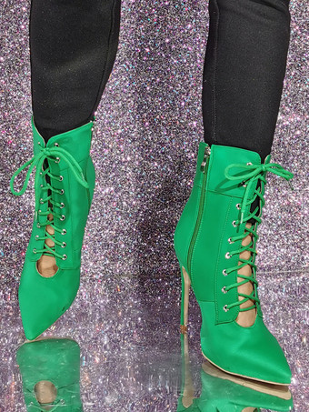 レディース グリーン ポインテッドトゥ ブーティ スティレットヒール アンクルブーツ