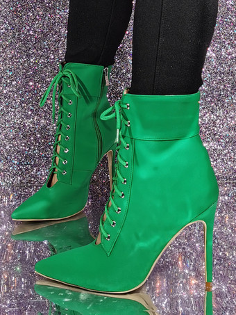 レディース グリーン ポインテッドトゥ ブーティ スティレットヒール アンクルブーツ