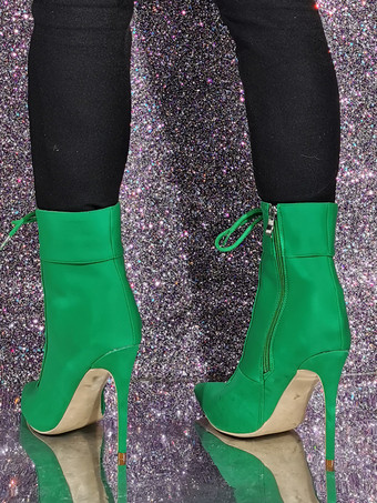 レディース グリーン ポインテッドトゥ ブーティ スティレットヒール アンクルブーツ
