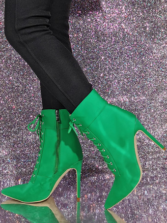 レディース グリーン ポインテッドトゥ ブーティ スティレットヒール アンクルブーツ