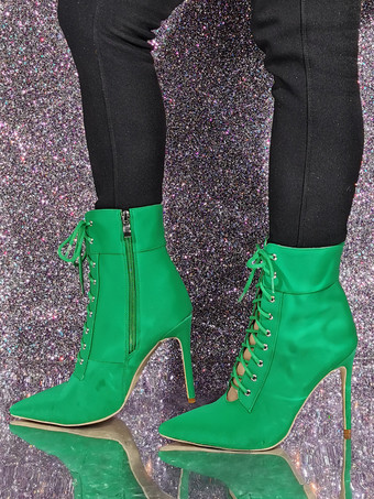 レディース グリーン ポインテッドトゥ ブーティ スティレットヒール アンクルブーツ