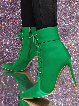 グリーン レディース グリーン ポインテッドトゥ ブーティ スティレットヒール アンクルブーツ