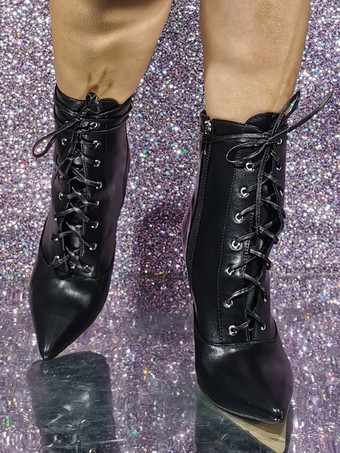 レディース アンクルブーツ ブラック PU レザー ブーティ ポインテッドトゥ スティレットヒール