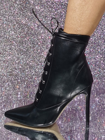 レディース アンクルブーツ ブラック PU レザー ブーティ ポインテッドトゥ スティレットヒール