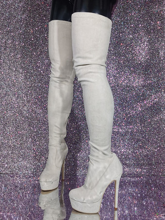 Botas por encima de la rodilla color blanco crudo Botas por encima de la rodilla para mujer Parte superior de microgamuza Tacón de aguja