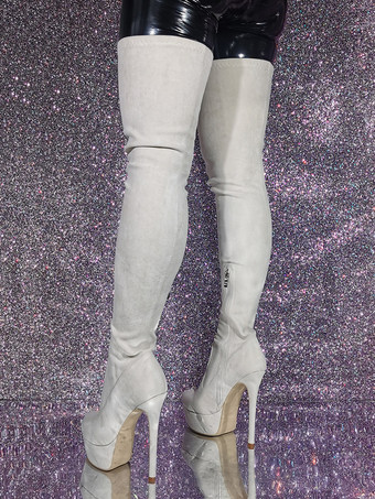 Botas por encima de la rodilla color blanco crudo Botas por encima de la rodilla para mujer Parte superior de microgamuza Tacón de aguja