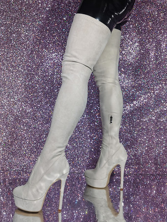 Botas por encima de la rodilla color blanco crudo Botas por encima de la rodilla para mujer Parte superior de microgamuza Tacón de aguja