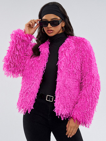 ローズレッドフェイクファーコート ローズ ウエストラインなし 長袖 フェイクファーコート レディースコート