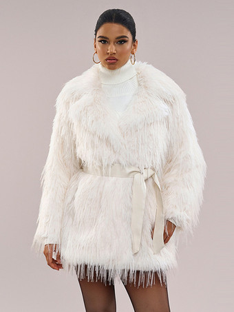 ホワイト フェイクファーコート 長袖 シックなフェイクファーコート ターンダウンカラー ホワイト 冬用コート