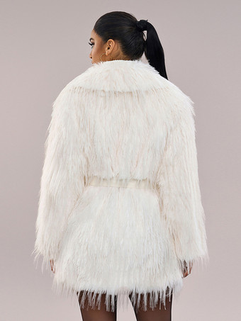 フェイクファーコート 長袖 シックなフェイクファーコート ターンダウンカラー ホワイト 冬用コート