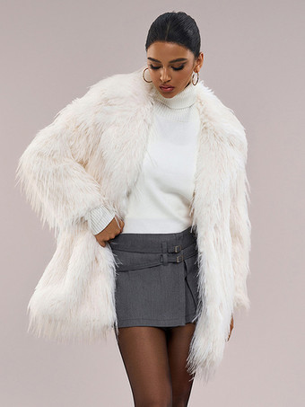 フェイクファーコート 長袖 シックなフェイクファーコート ターンダウンカラー ホワイト 冬用コート