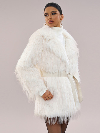 フェイクファーコート 長袖 シックなフェイクファーコート ターンダウンカラー ホワイト 冬用コート