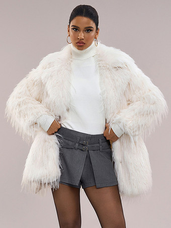 フェイクファーコート 長袖 シックなフェイクファーコート ターンダウンカラー ホワイト 冬用コート