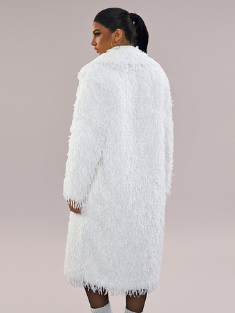 ホワイトフェイクファーロングコート オーバーサイズ ターンダウンカラー シックな冬用ジャケット レディース 2025