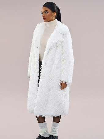 ホワイトフェイクファーロングコート オーバーサイズ ターンダウンカラー シックな冬用ジャケット レディース 2025