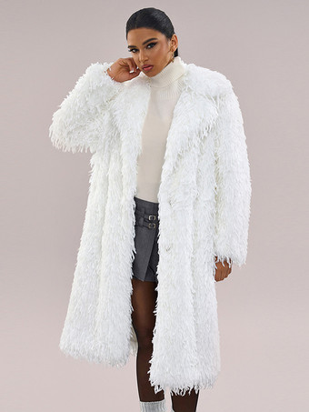 ホワイトフェイクファーロングコート オーバーサイズ ターンダウンカラー シックな冬用ジャケット レディース 2025