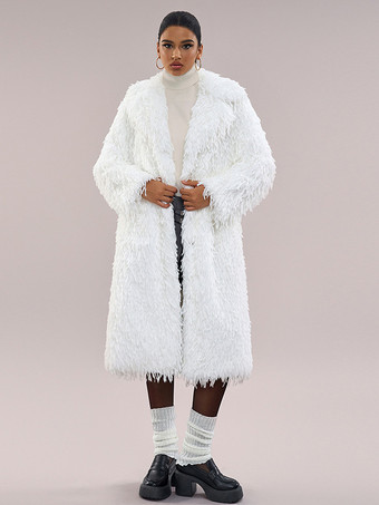 ホワイトフェイクファーロングコート オーバーサイズ ターンダウンカラー シックな冬用ジャケット レディース 2025