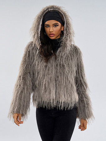 グレイフェイクファーコート グレー ウエストラインなし 長袖 フェイクファーコート フロントボタン レディースコート