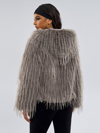 フェイクファーコート グレー ウエストラインなし 長袖 フェイクファーコート フロントボタン レディースコート