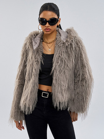 フェイクファーコート グレー ウエストラインなし 長袖 フェイクファーコート フロントボタン レディースコート