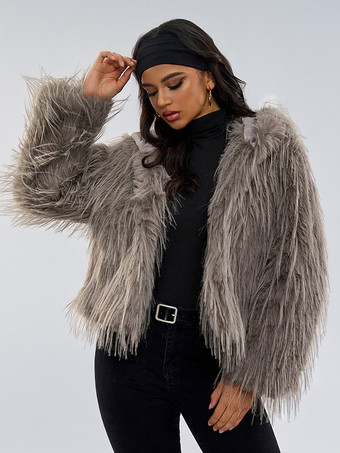 フェイクファーコート グレー ウエストラインなし 長袖 フェイクファーコート フロントボタン レディースコート