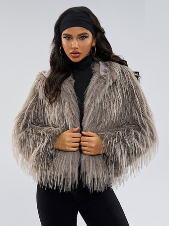 フェイクファーコート グレー ウエストラインなし 長袖 フェイクファーコート フロントボタン レディースコート