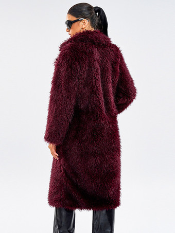 ノッチラペルのバーガンディフェイクファーコート、冬用ロングジャケット、女性用 2025