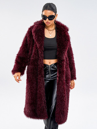 ノッチラペルのバーガンディフェイクファーコート、冬用ロングジャケット、女性用 2025