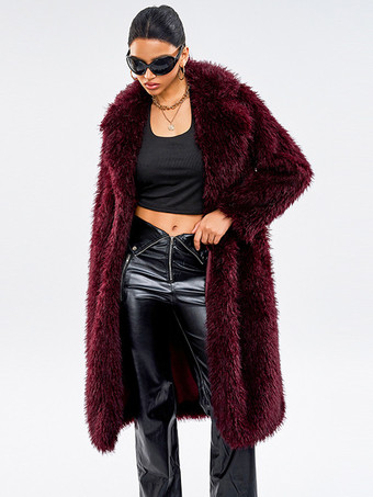 ノッチラペルのバーガンディフェイクファーコート、冬用ロングジャケット、女性用 2025