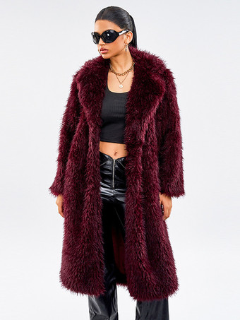ノッチラペルのバーガンディフェイクファーコート、冬用ロングジャケット、女性用 2025
