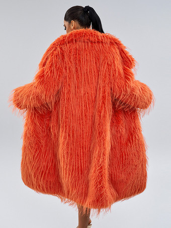 フェイクファーコート オレンジ ウエストラインなし 長袖 フェイクファーコート オーバーサイズ レディースコート