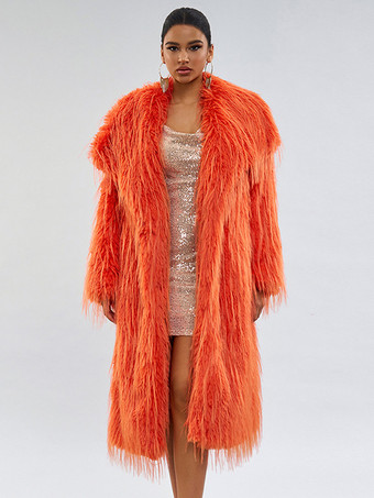 フェイクファーコート オレンジ ウエストラインなし 長袖 フェイクファーコート オーバーサイズ レディースコート