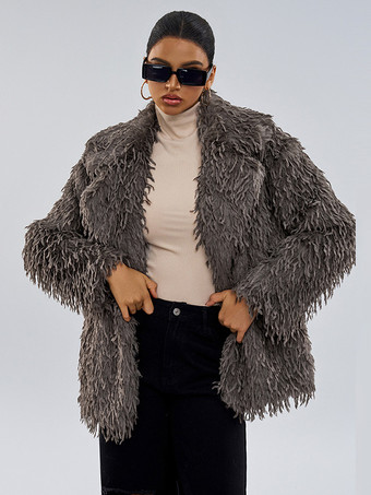 グレイフェイクファーコート グレー ウエストラインなし 長袖 フェイクファーコート 冬用コート