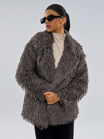 フェイクファーコート グレー ウエストラインなし 長袖 フェイクファーコート 冬用コート