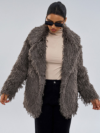 フェイクファーコート グレー ウエストラインなし 長袖 フェイクファーコート 冬用コート