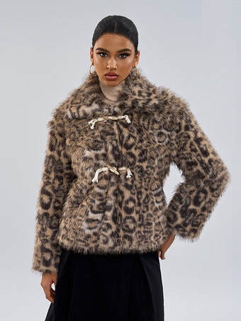 ブラウンフェイクファーコート ブラウン ウエストラインなし 長袖 ヒョウ柄 フェイクファーコート フロントボタン 冬用コート