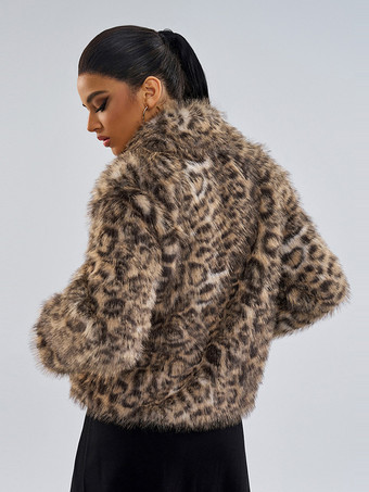 フェイクファーコート ブラウン ウエストラインなし 長袖 ヒョウ柄 フェイクファーコート フロントボタン 冬用コート
