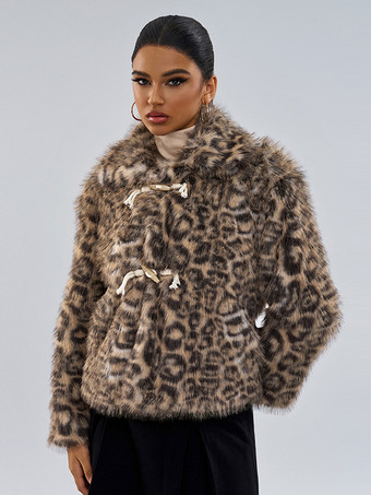 フェイクファーコート ブラウン ウエストラインなし 長袖 ヒョウ柄 フェイクファーコート フロントボタン 冬用コート