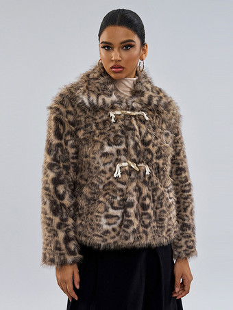 フェイクファーコート ブラウン ウエストラインなし 長袖 ヒョウ柄 フェイクファーコート フロントボタン 冬用コート