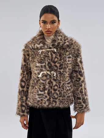 フェイクファーコート ブラウン ウエストラインなし 長袖 ヒョウ柄 フェイクファーコート フロントボタン 冬用コート