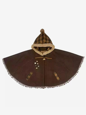 スイートロリータポンチョ ディープブラウン ポリエステル チェック柄 冬用ロリータアウター