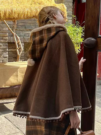 スイートロリータポンチョ ディープブラウン ポリエステル チェック柄 冬用ロリータアウター
